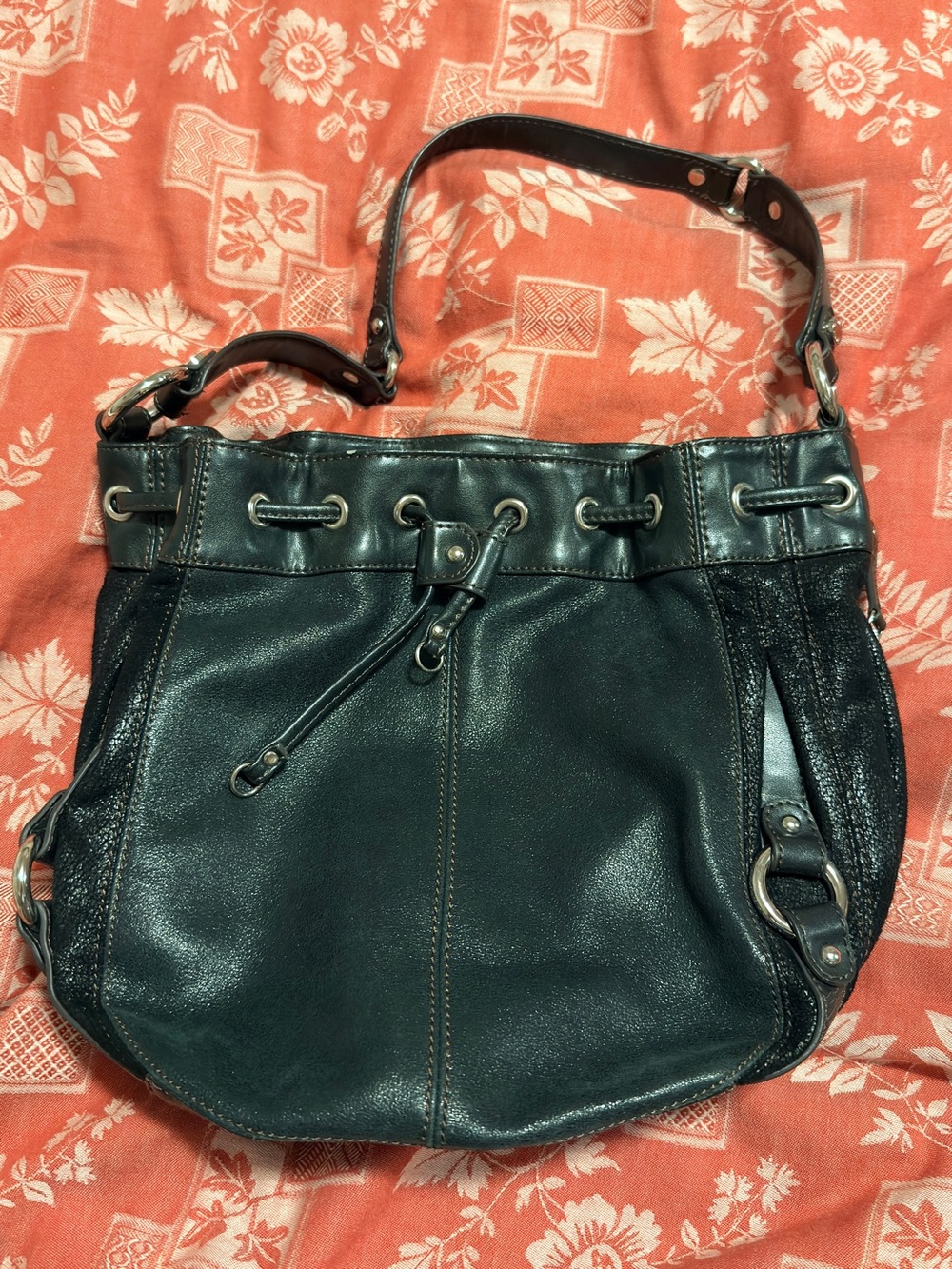Tignanello Black Leather Drawstring Shoulder Hobo